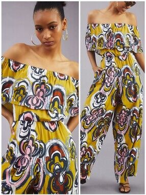 Anthro Bel Kazan Tropical Colorful Floral Green Flowy Lily Jumpsuit, M